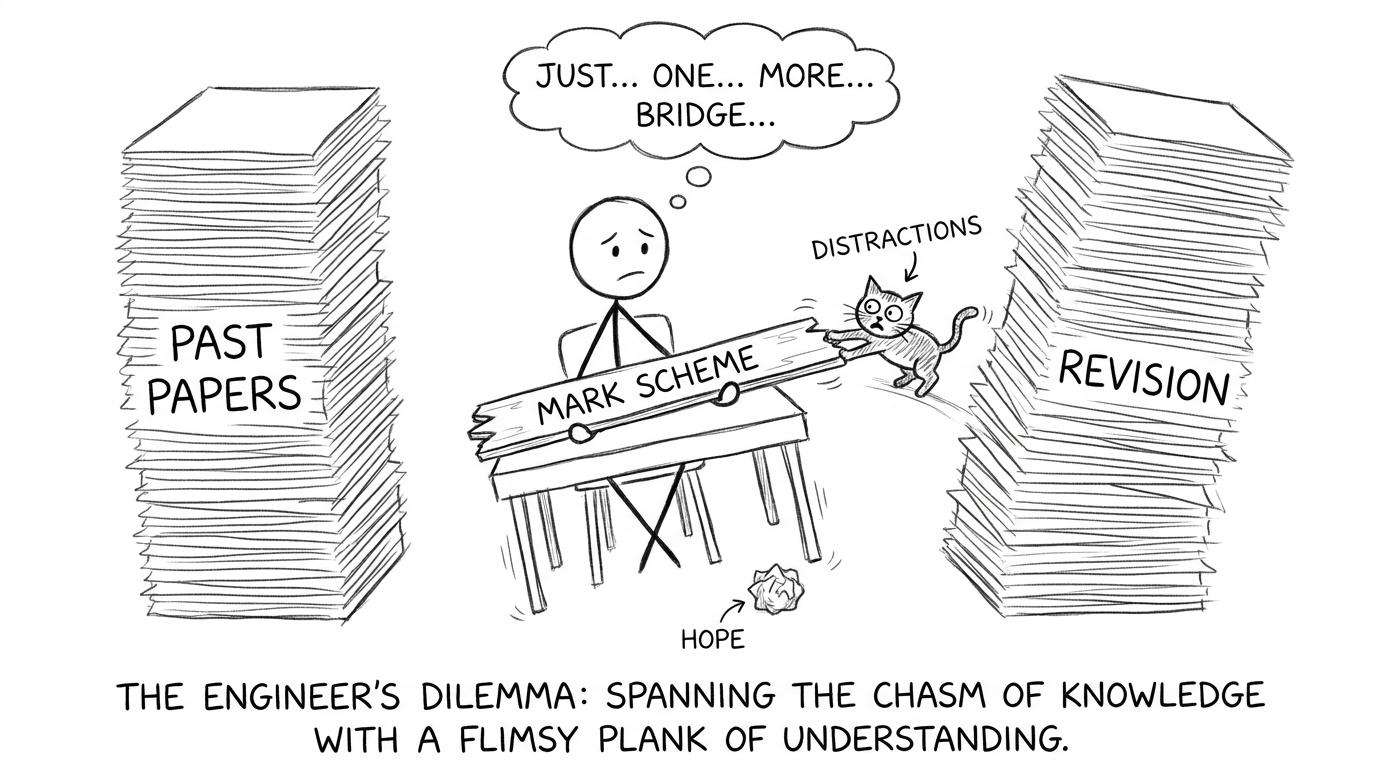 A student building a bridge between past papers and revision using a mark scheme plank