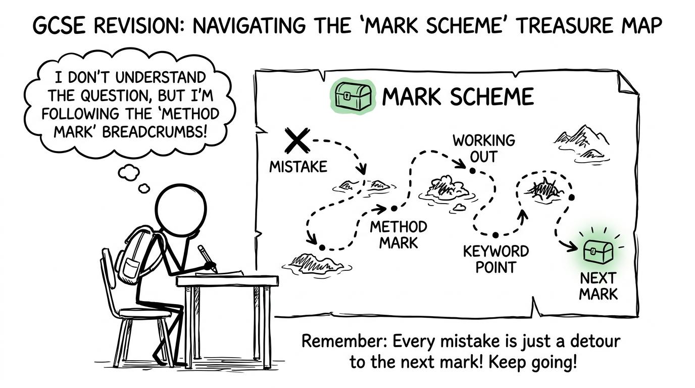 A student following a mark-scheme treasure map from a mistake to the next mark