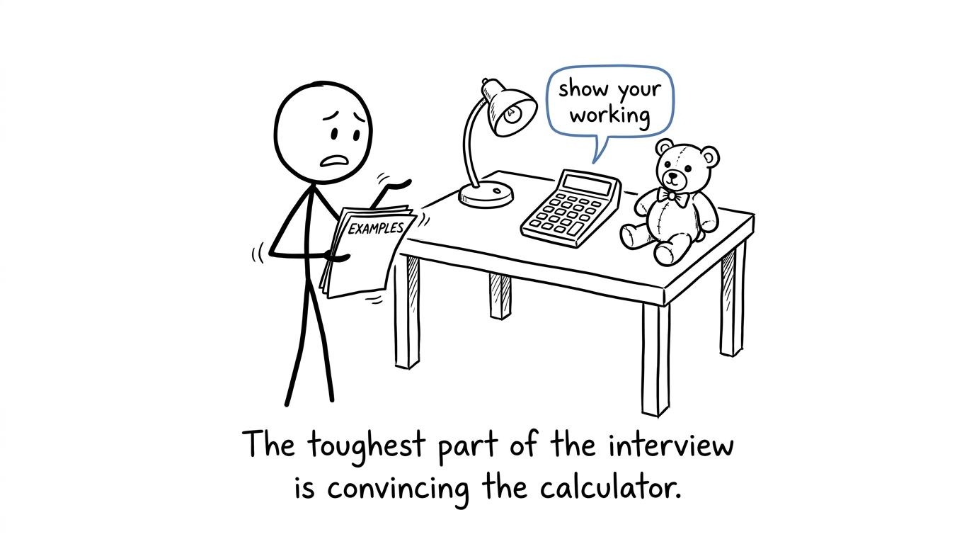 A student rehearses an apprenticeship interview with a calculator demanding evidence