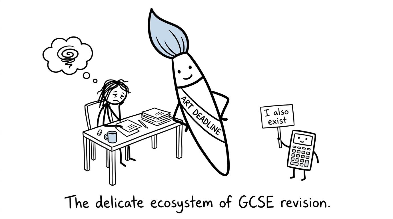 A giant art deadline interrupts a student while a calculator asks to be remembered