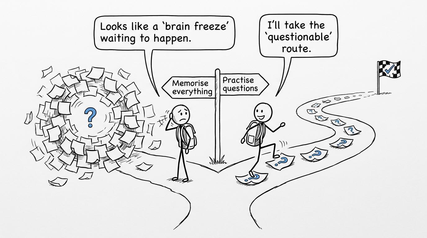 Students choose between a foggy path of endless memorising and stepping stones made from practice papers