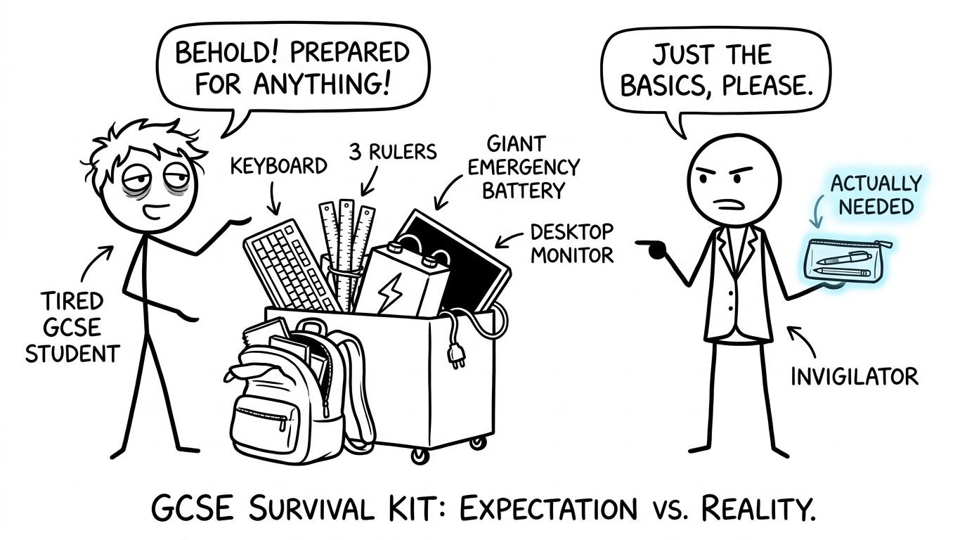 A student discovers that a transparent pencil case is more useful than an absurdly overpacked exam bag