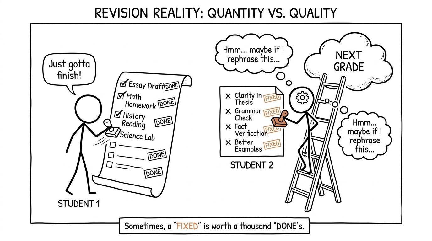 One student stamps revision tasks done while another builds a ladder by fixing mistakes