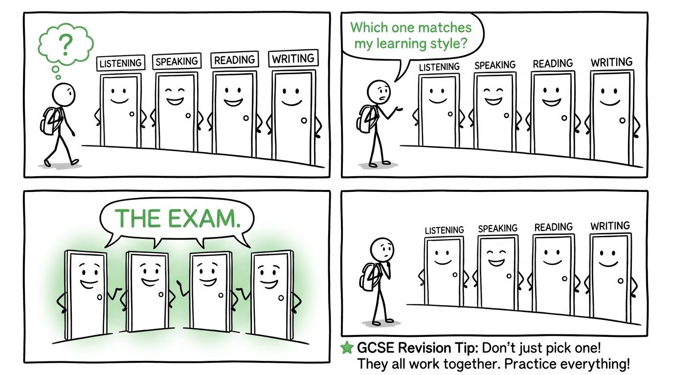 Four examination-skill doors reminding a student that every skill matters