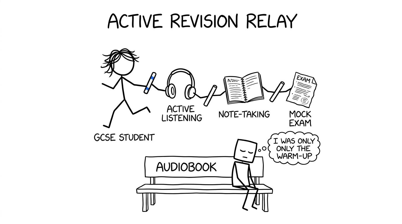 Headphones pass the revision baton to a notebook and an exam paper
