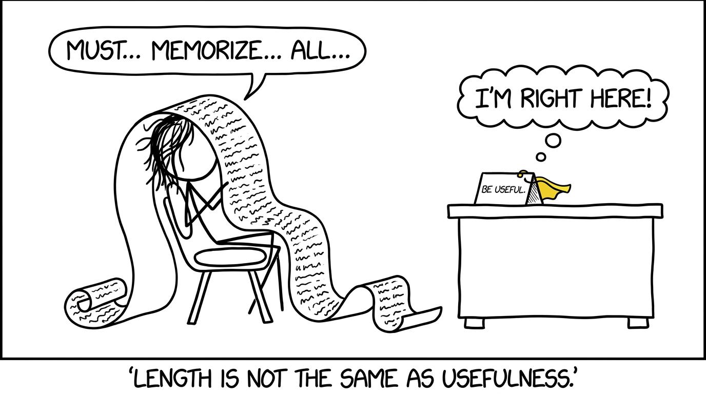 A tiny useful quotation card is ignored while a student wrestles with an enormous scroll