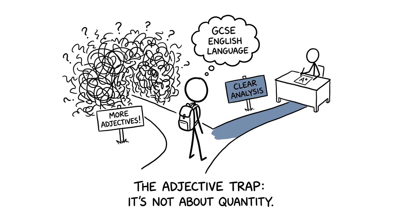 A student chooses between more adjectives and clear analysis