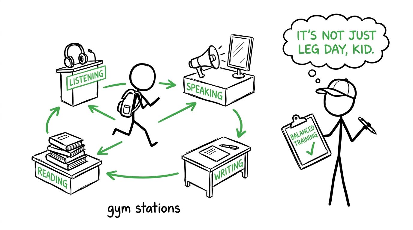 A student trains listening, speaking, reading and writing like four balanced gym stations