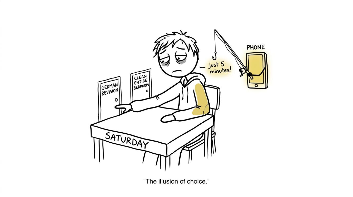 A student chooses German revision while a phone attempts a distraction