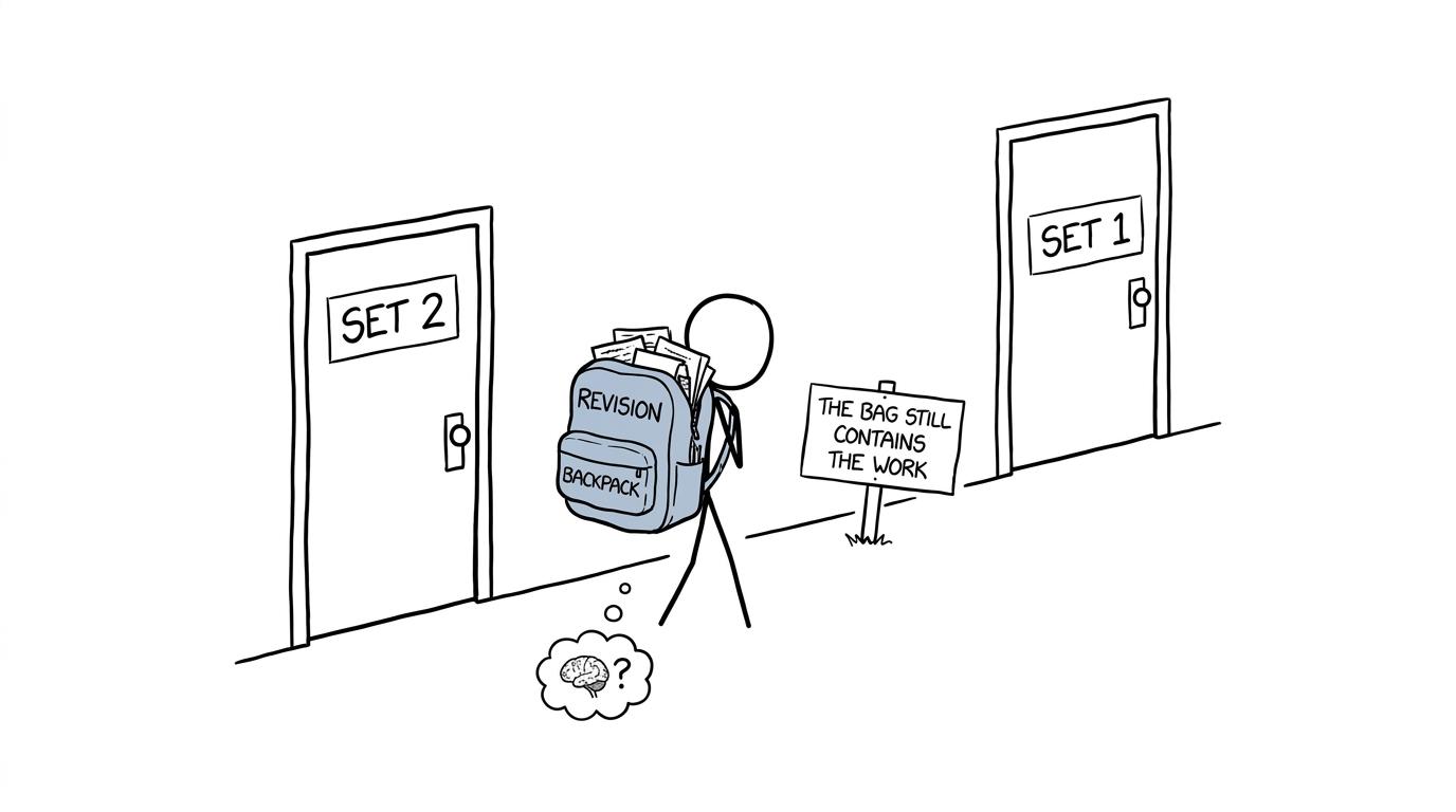 A student discovers that changing sets does not remove the revision work from their bag