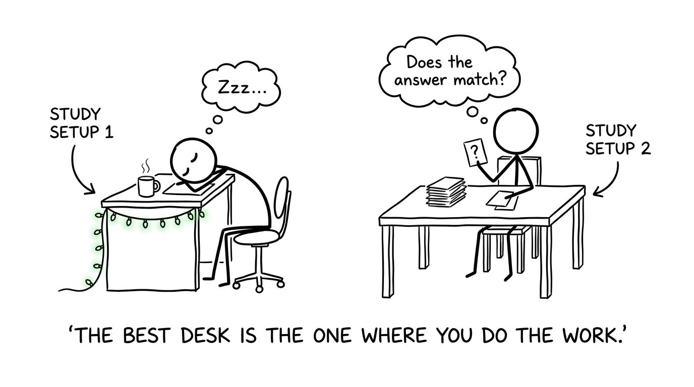 A plain table beats a glamorous desk because the student is actively self-testing