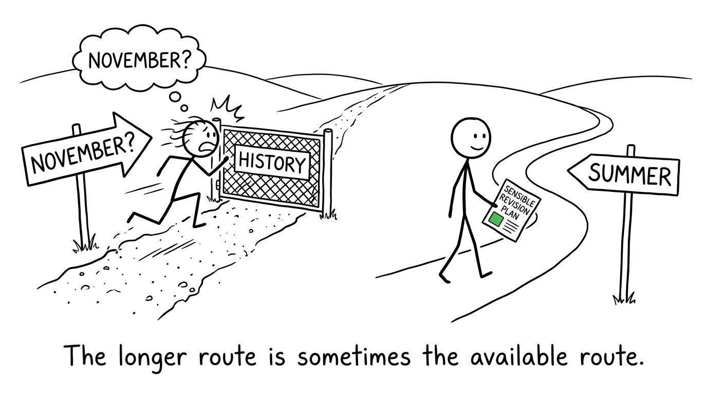 One student rushes towards a closed November History gate while another follows a summer revision plan