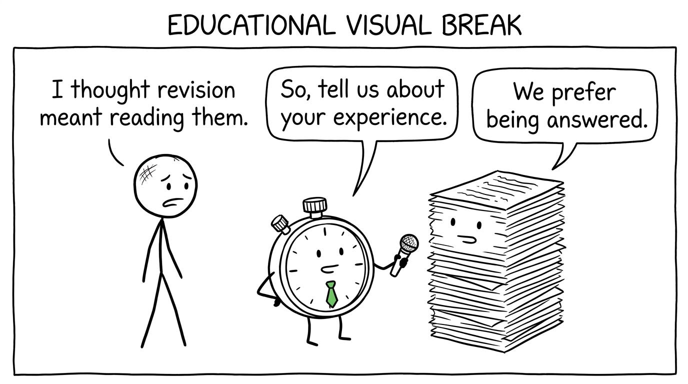 A stopwatch interviews practice papers while a student realises that papers prefer being answered