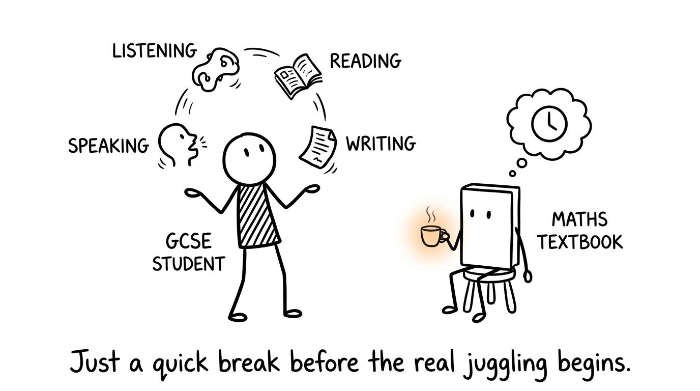 A student juggling the four Arabic skills while a maths book waits with tea