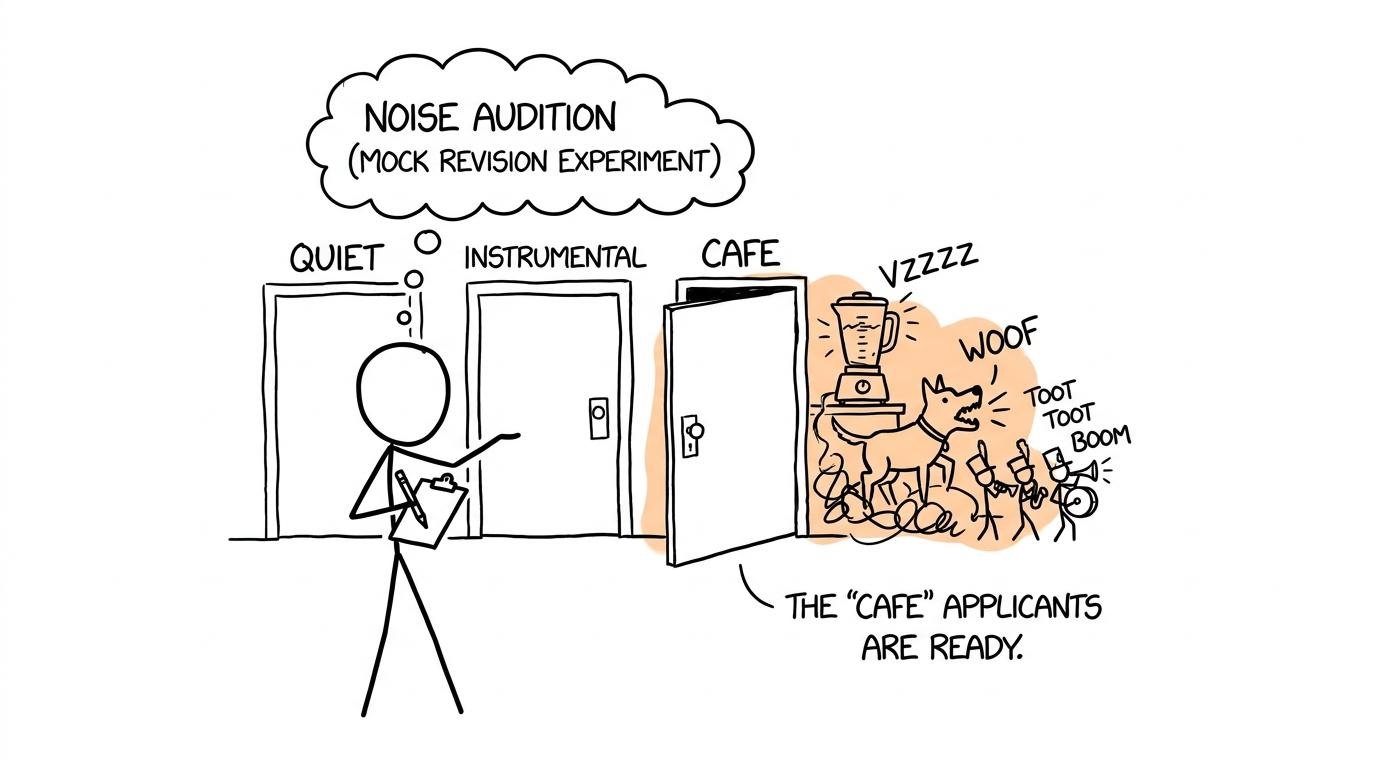 A student auditions quiet, instrumental sound and an absurdly noisy cafe