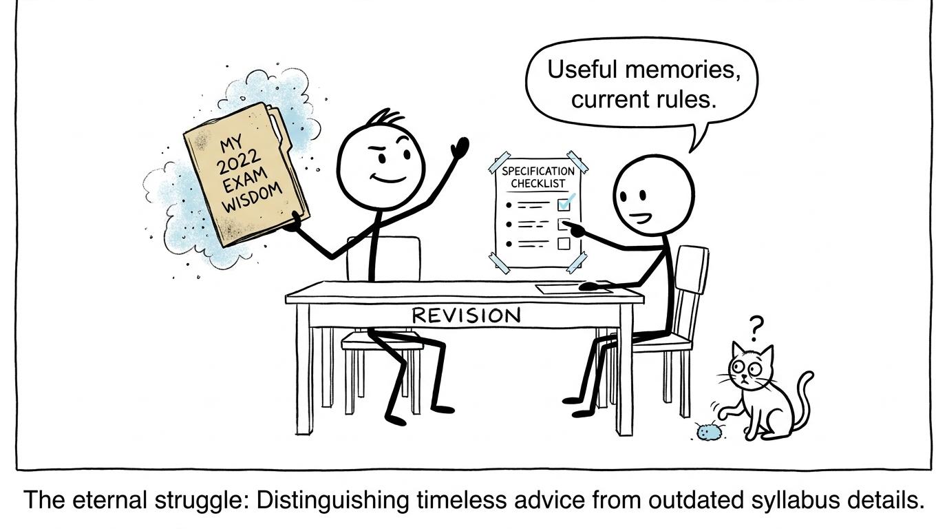 An older sibling offers dusty exam wisdom while a student checks the current specification