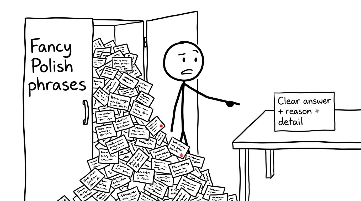 A cupboard of fancy Polish phrases collapses while one clear answer remains neatly on the desk