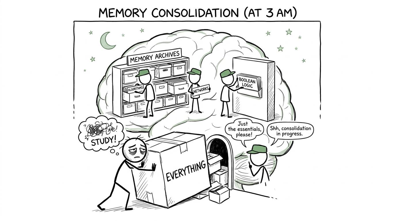 Tiny brain librarians file revision topics while a student brings a box labelled everything