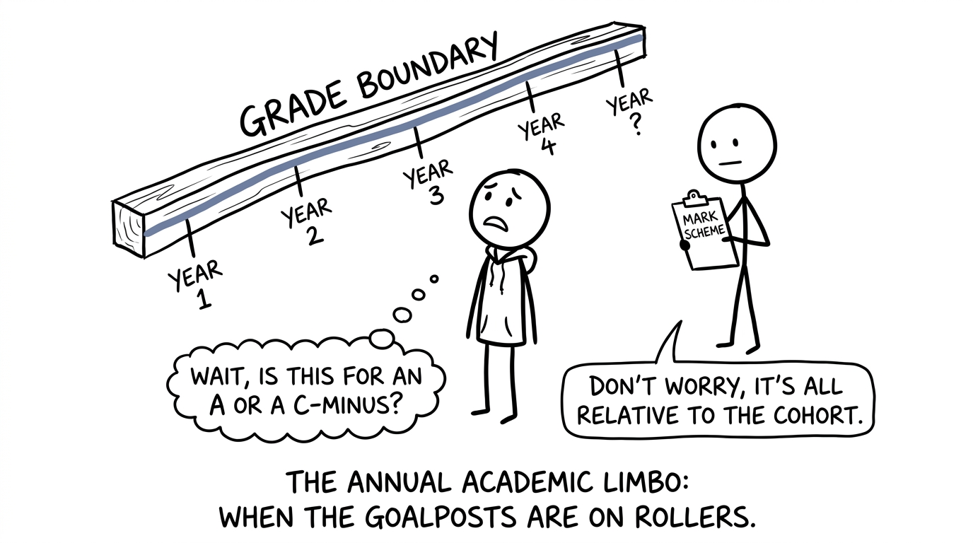 A student facing a moving grade-boundary limbo bar while a calm examiner holds a mark scheme