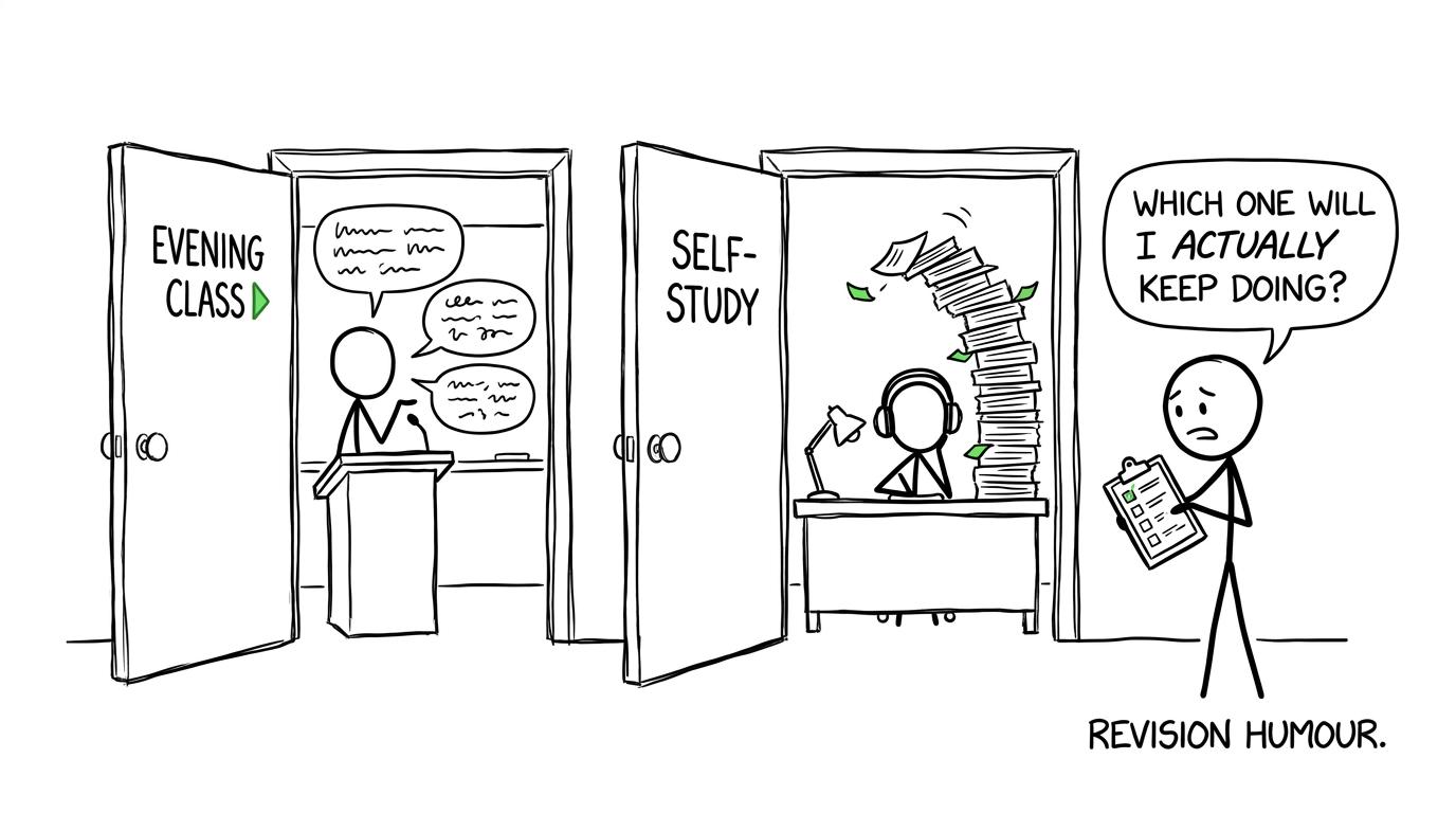 A learner choosing between an evening class and a precarious self-study desk