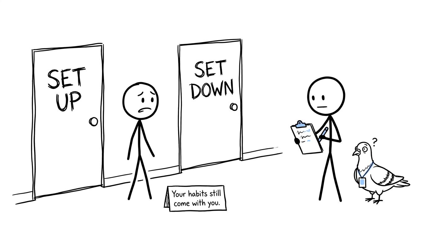 A student choosing between two school sets while their revision habits follow them