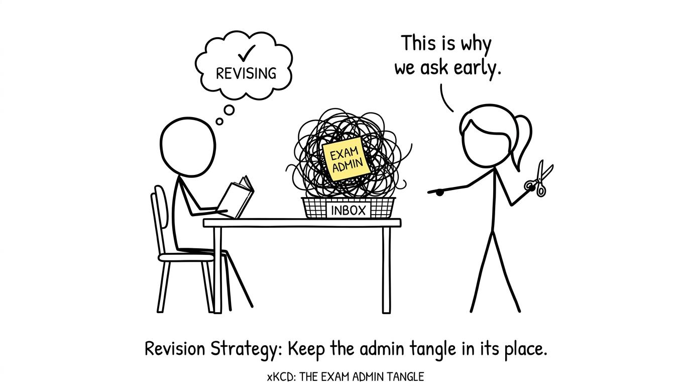 A teacher calmly untangling an exam administration problem