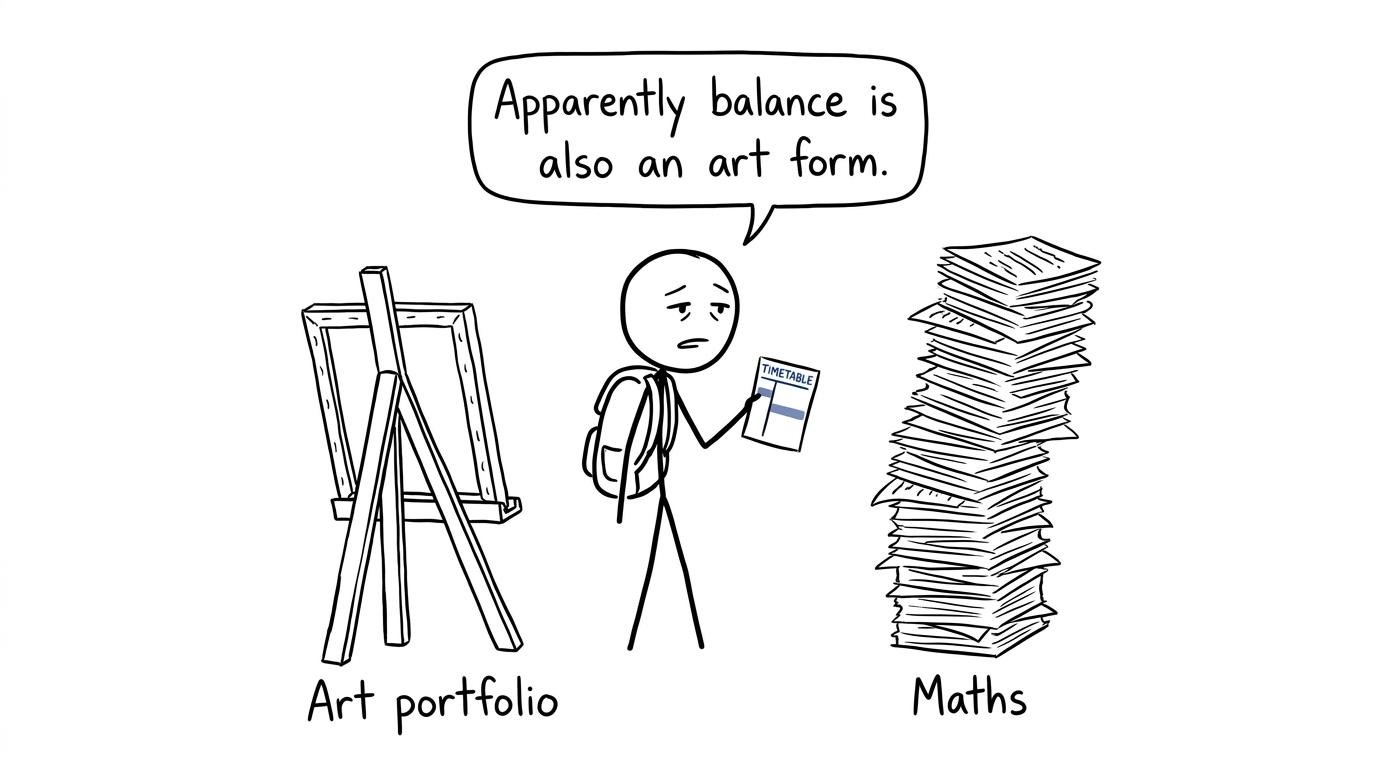 A student tries to balance an art portfolio and maths revision papers