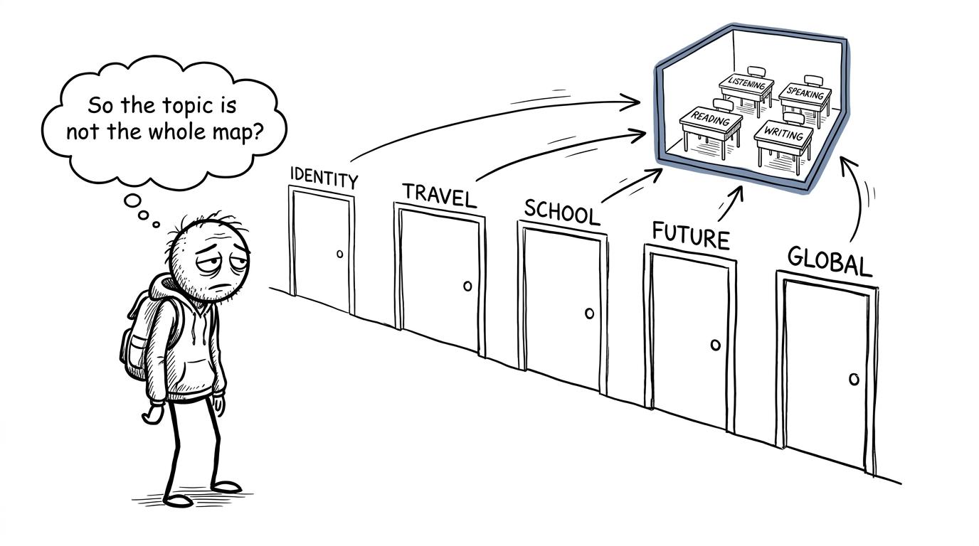 A student discovers that five GCSE Arabic themes lead to four assessed skills