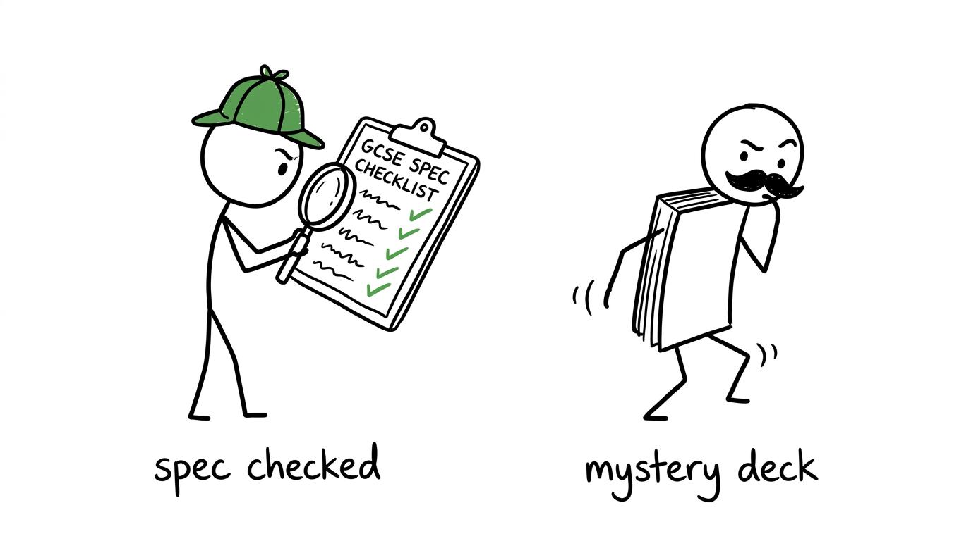 A specification detective checking a reliable deck while a mystery deck escapes