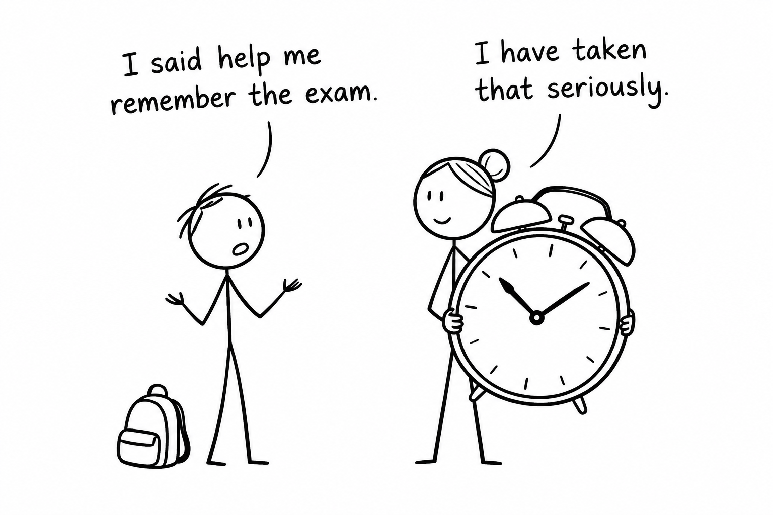A stick-figure student and parent guarding an enormous alarm clock labelled exam day