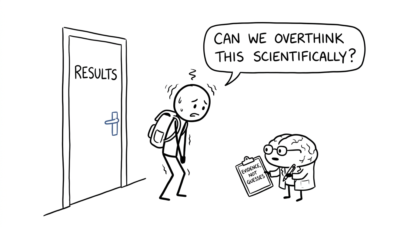 A nervous student and a calm scientific brain waiting for GCSE results