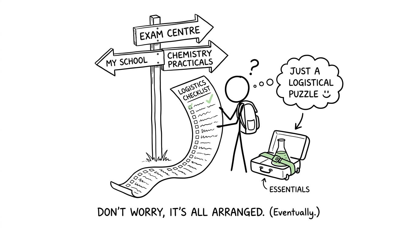 A student follows signposts towards a chemistry exam centre while carrying an oversized checklist