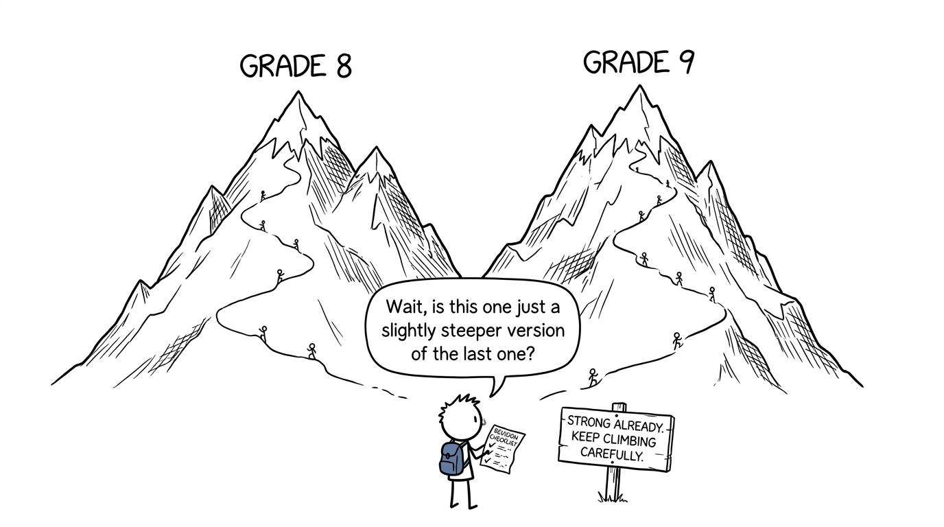A student looking up at the Grade 8 and Grade 9 mountains with a revision checklist