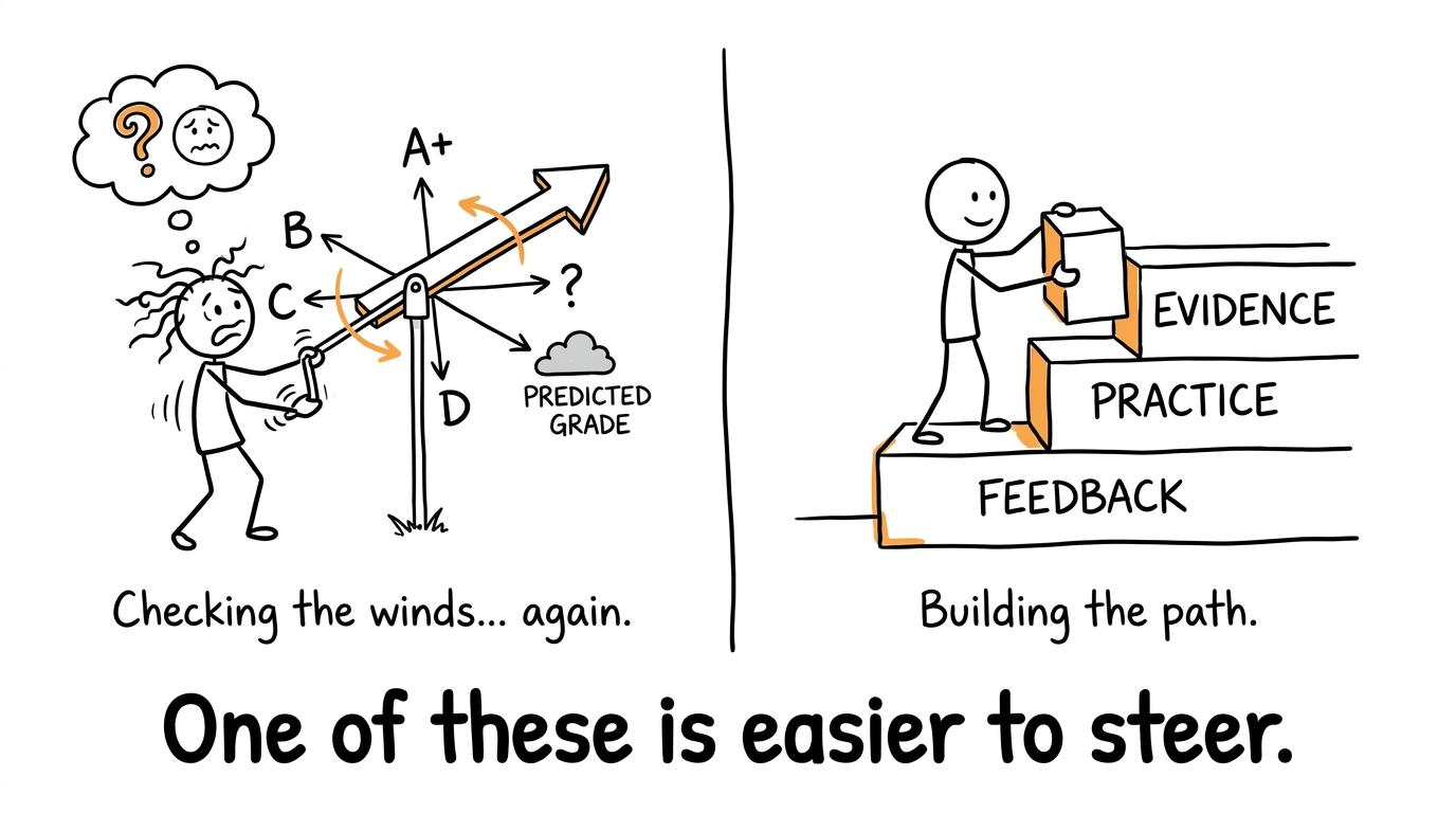 One student watches a predicted-grade weather vane while another builds a staircase from evidence