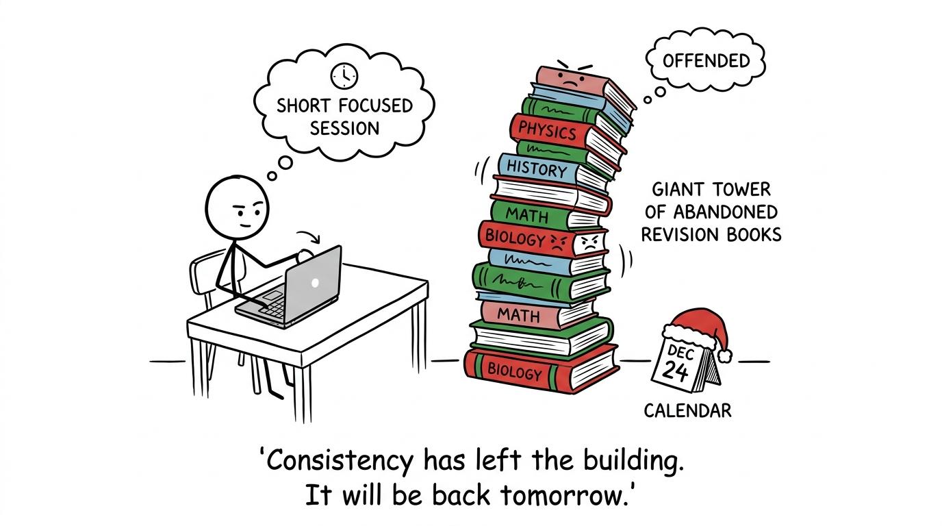 A short revision session ends while an unnecessarily huge book tower looks offended