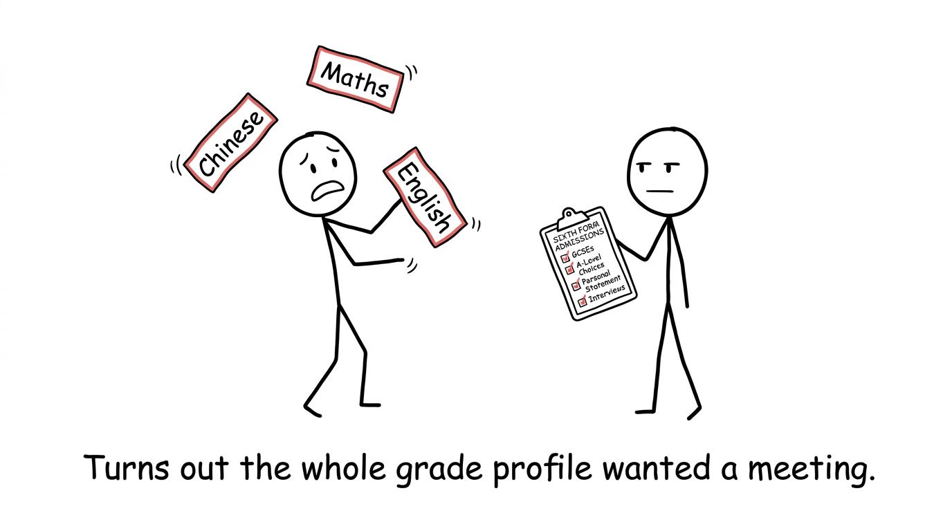 A student juggles Chinese, maths and English while admissions checks the whole profile