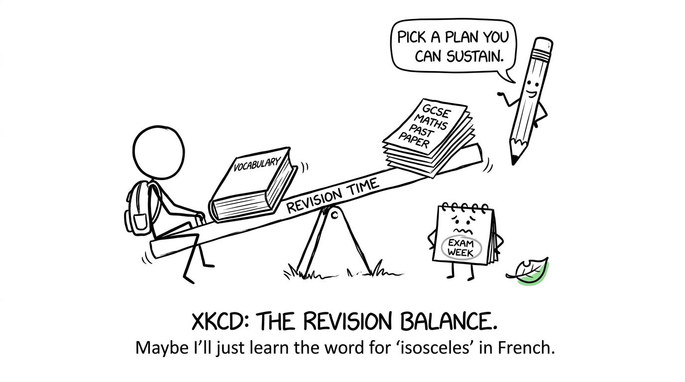 A student tries to balance language learning with a maths past paper