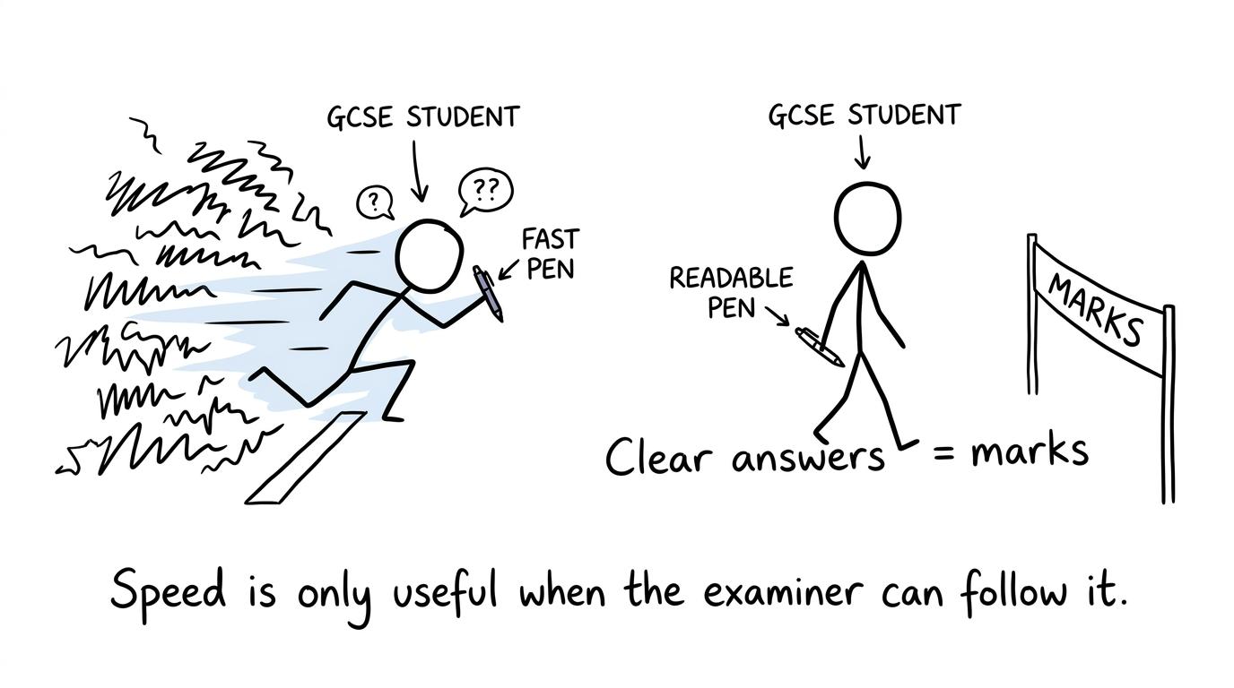 A fast pen races in the wrong direction while a clear pen walks towards marks