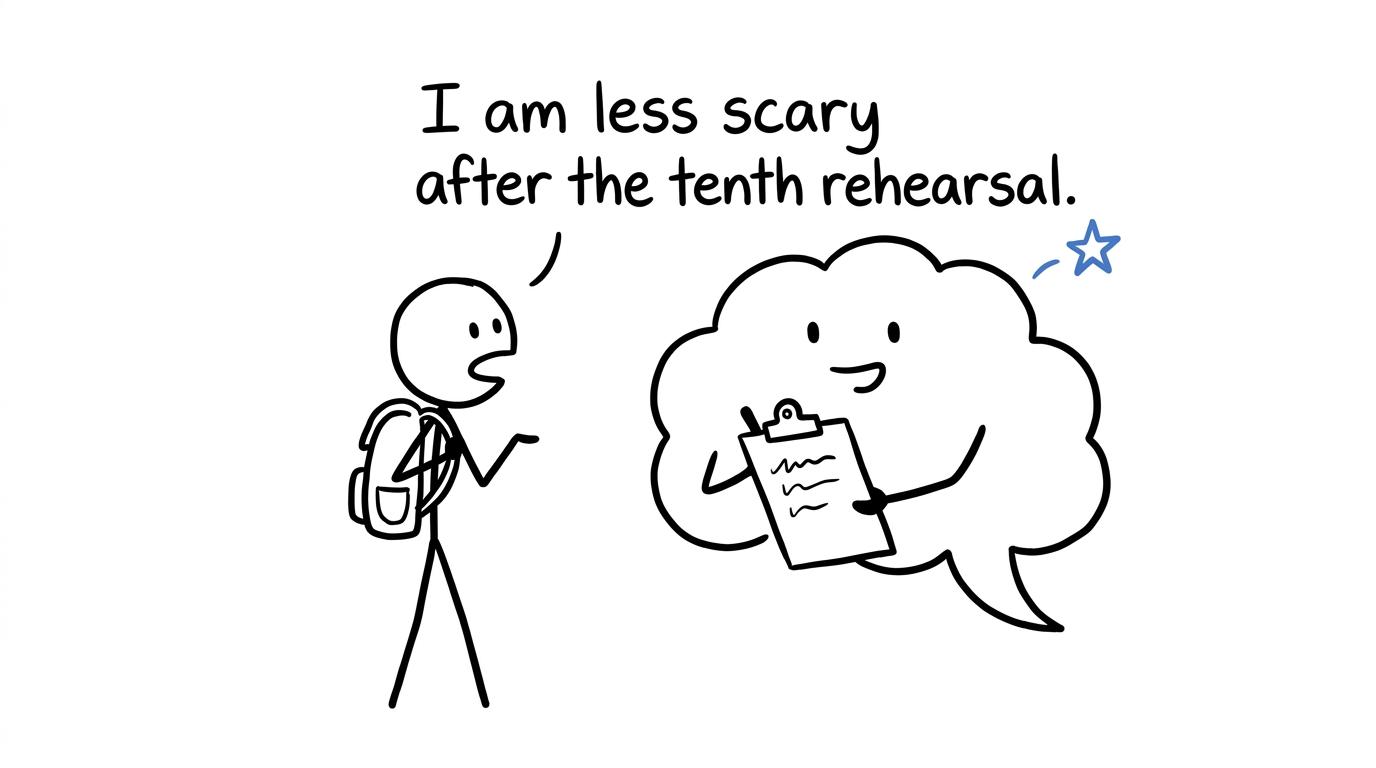 A speech bubble explains why repeated rehearsal makes a speaking assessment less intimidating