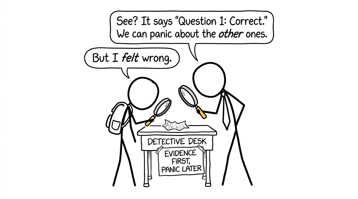 A student and teacher investigating an exam script