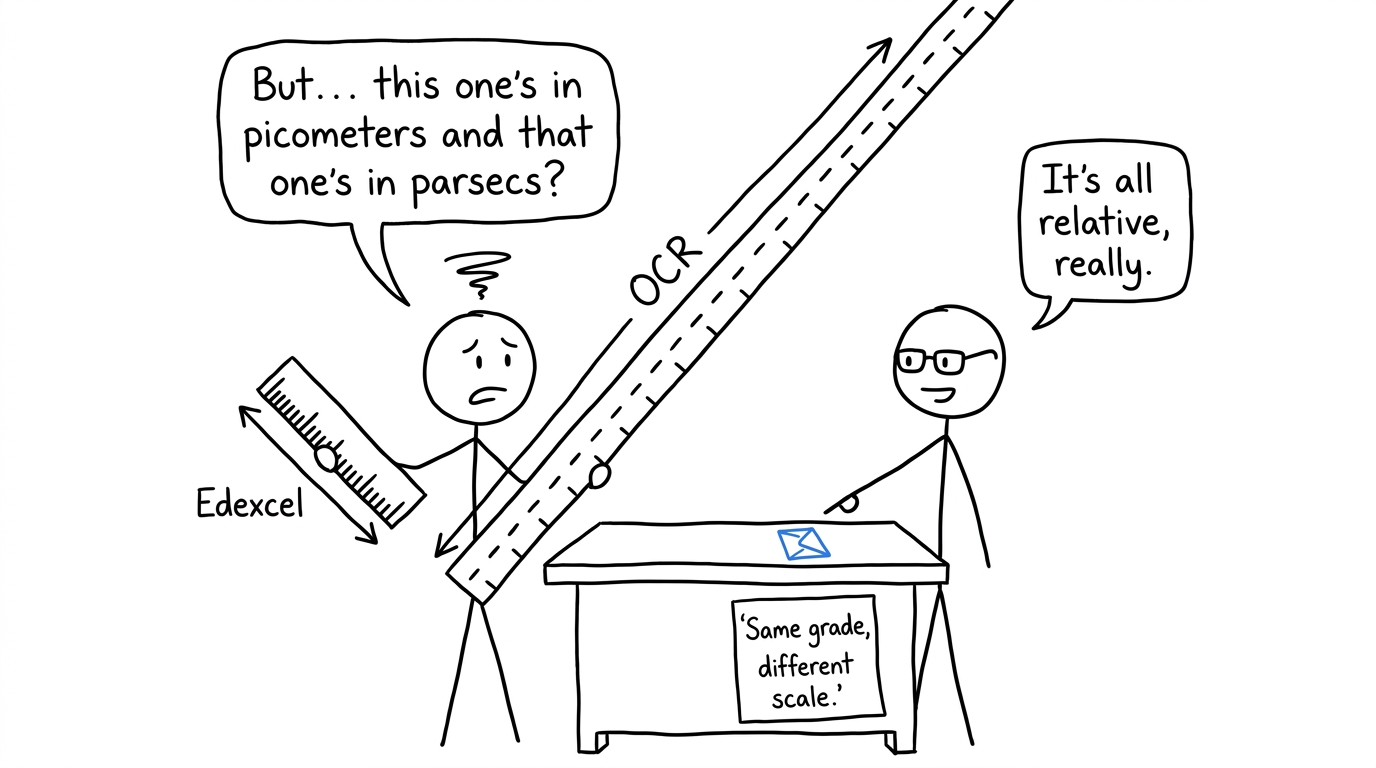 A student compares Edexcel and OCR using different rulers