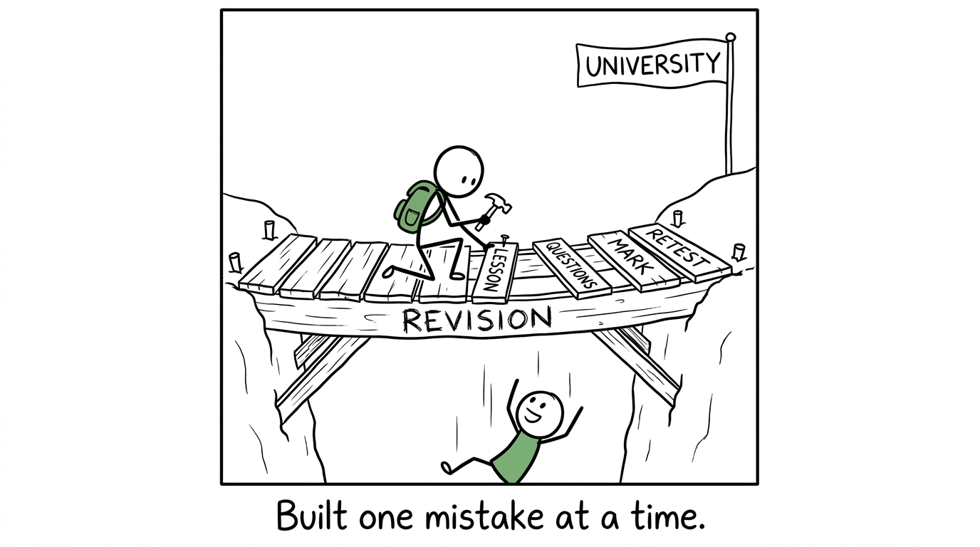 A student building a revision bridge one mistake at a time
