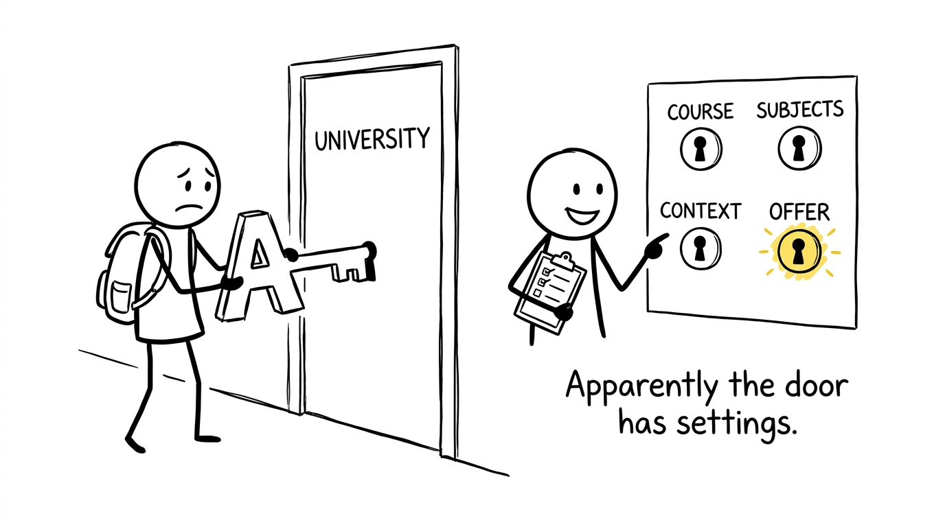 A university door with more than one admissions keyhole