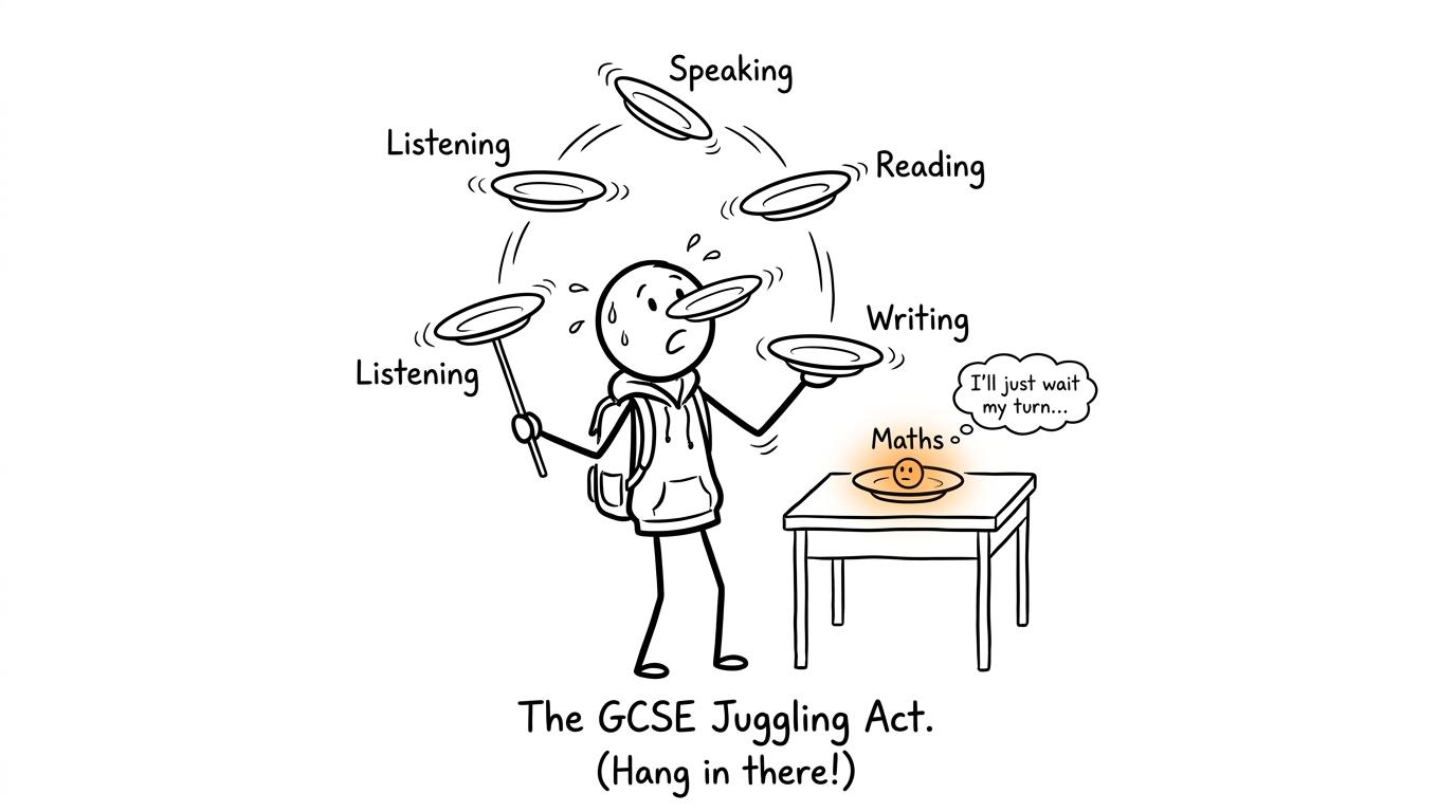 A student balancing listening, speaking, reading, writing and maths revision plates