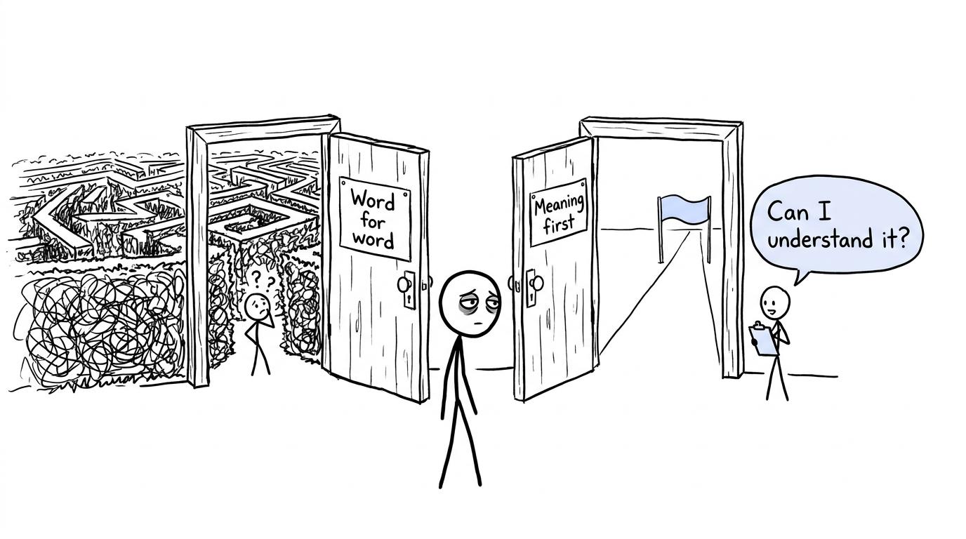 A student choosing between word-for-word translation and meaning-first translation