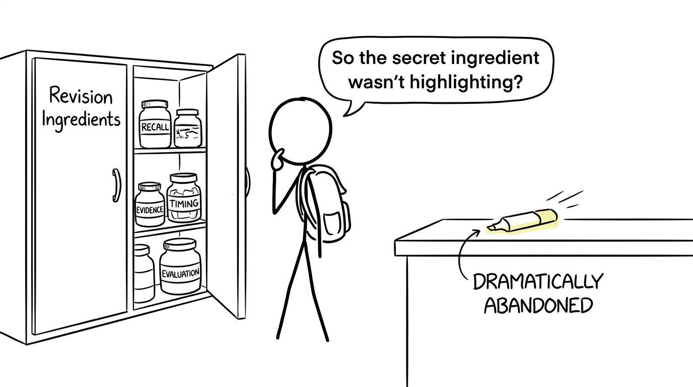 A student discovers that recall, evidence, timing and evaluation are the real revision ingredients