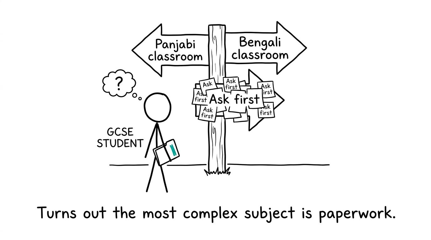 A student follows a school signpost towards the exams office before changing language subjects