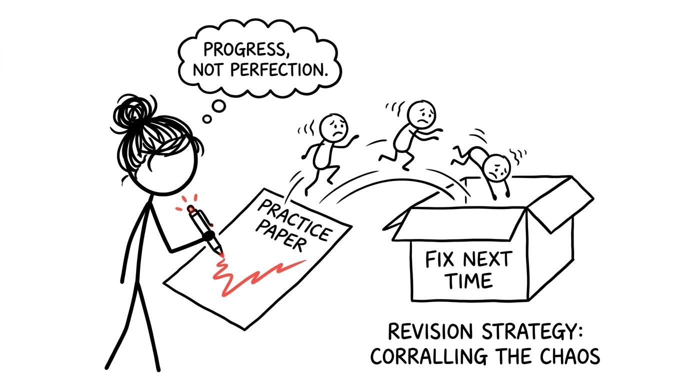 A student trapping repeated mistakes in a box labelled fix next time