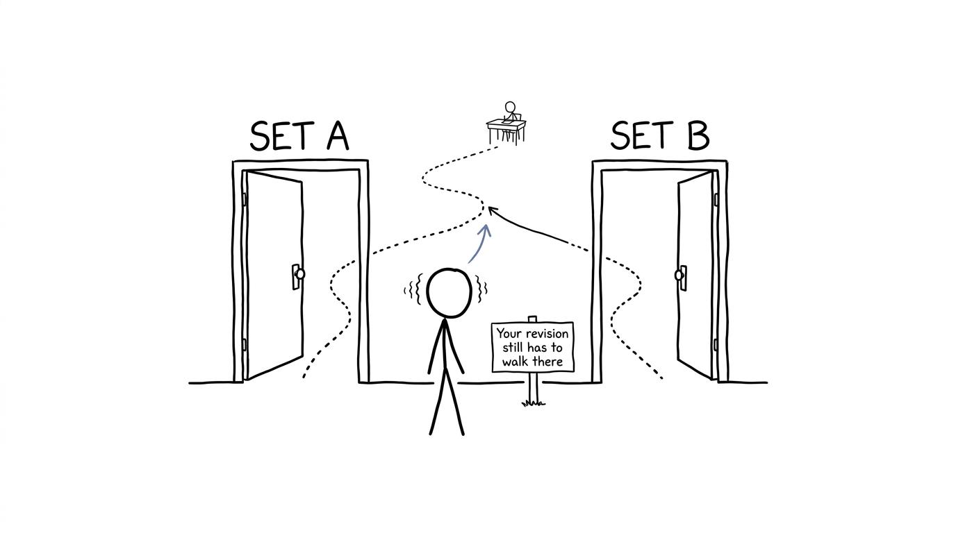 Two chemistry class-set doors leading to the same examination desk