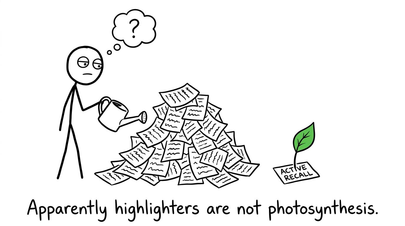 A pile of notes fails to grow while active recall flourishes